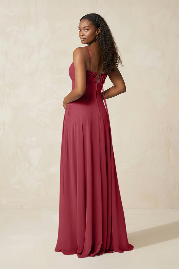 A-Line Ruched Chiffon Spaghetti Strap Bridesmaid Dress in Merlot (2) | KISSBRIDAL