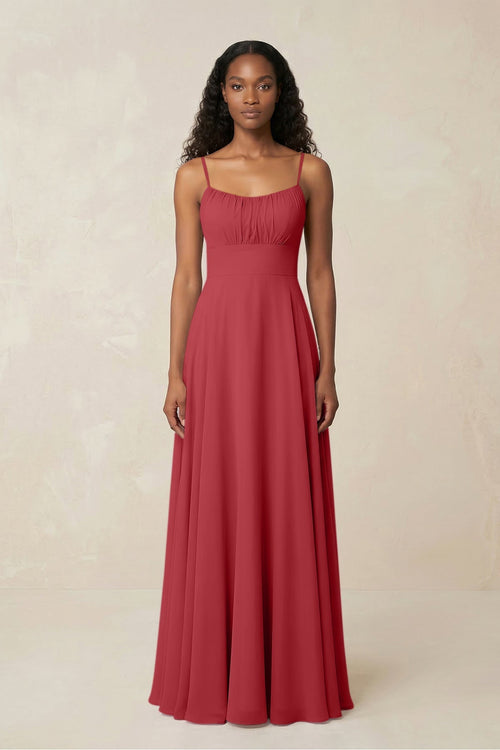 A - Line Ruched Chiffon Spaghetti Strap Bridesmaid Dress in Merlot - SHE IS ME Bridesmaid Dresses