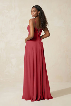 A - Line Ruched Chiffon Spaghetti Strap Bridesmaid Dress in Merlot - SHE IS ME Bridesmaid Dresses