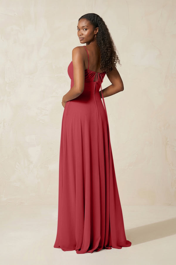 A - Line Ruched Chiffon Spaghetti Strap Bridesmaid Dress in Merlot - SHE IS ME Bridesmaid Dresses
