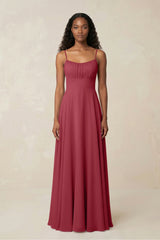 A-Line Ruched Chiffon Spaghetti Strap Bridesmaid Dress in Merlot | KISSBRIDAL