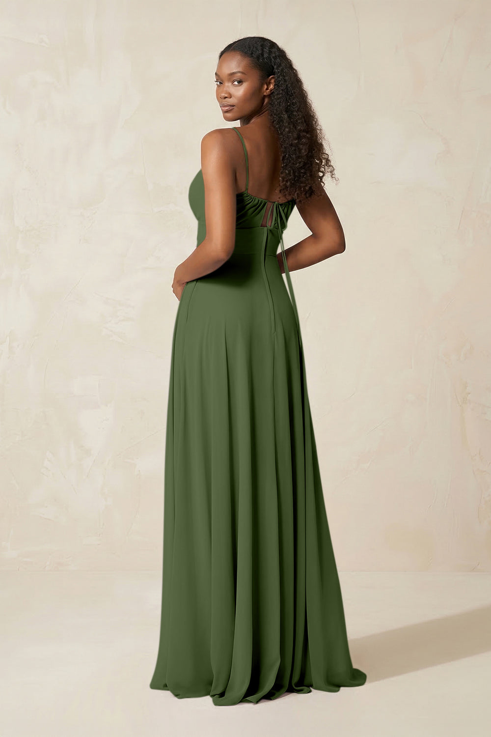 A-Line Ruched Chiffon Spaghetti Strap Bridesmaid Dress in Moss