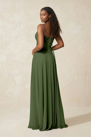 A-Line Ruched Chiffon Spaghetti Strap Bridesmaid Dress in Moss (2) | KISSBRIDAL