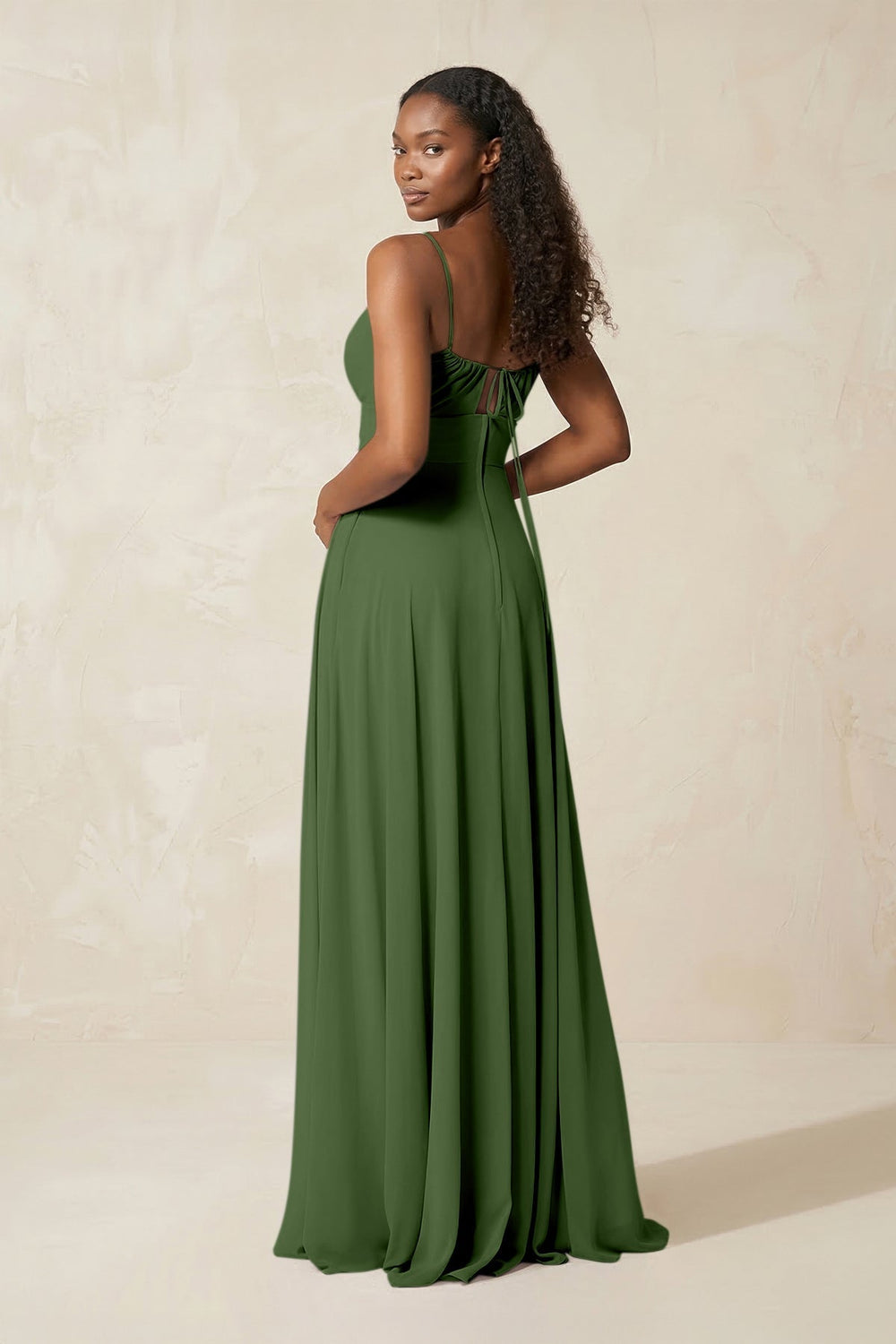 A - Line Ruched Chiffon Spaghetti Strap Bridesmaid Dress in Moss - KISS BRIDAL Bridesmaid Dresses