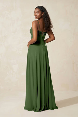 A - Line Ruched Chiffon Spaghetti Strap Bridesmaid Dress in Moss - SHE IS ME Bridesmaid Dresses