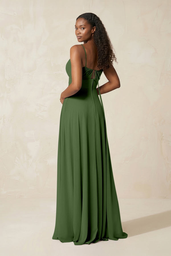 A - Line Ruched Chiffon Spaghetti Strap Bridesmaid Dress in Moss - SHE IS ME Bridesmaid Dresses