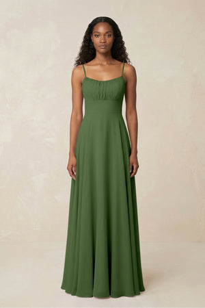 A - Line Ruched Chiffon Spaghetti Strap Bridesmaid Dress in Moss - SHE IS ME Bridesmaid Dresses