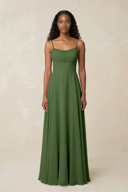A - Line Ruched Chiffon Spaghetti Strap Bridesmaid Dress in Moss - SHE IS ME Bridesmaid Dresses