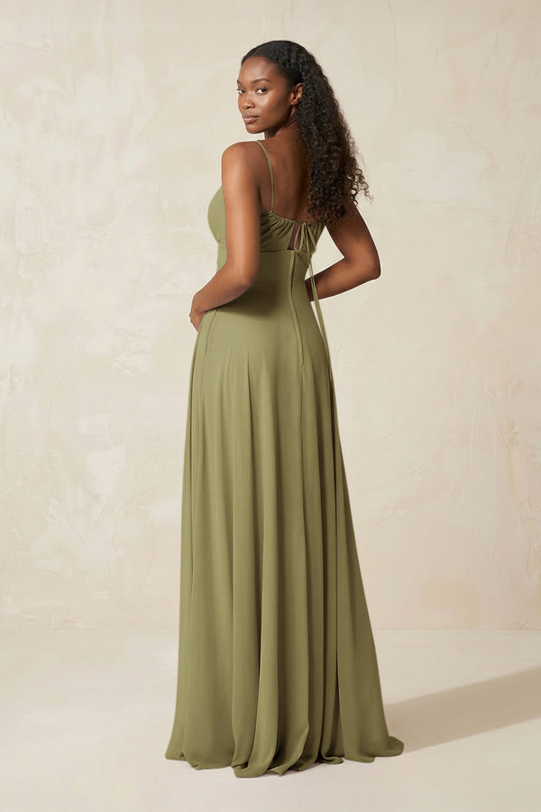 A-Line Ruched Chiffon Spaghetti Strap Bridesmaid Dress in Moss Green (2) | KISSBRIDAL