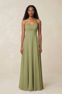 A - Line Ruched Chiffon Spaghetti Strap Bridesmaid Dress in Moss Green - SHE IS ME Bridesmaid Dresses