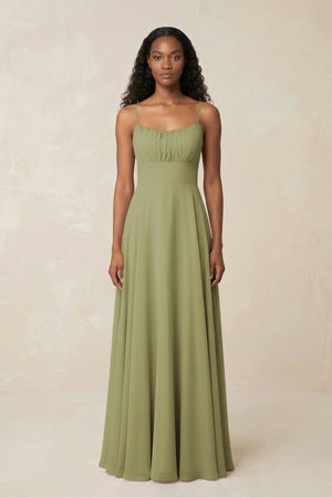 A - Line Ruched Chiffon Spaghetti Strap Bridesmaid Dress in Moss Green - SHE IS ME Bridesmaid Dresses