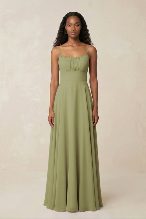 A - Line Ruched Chiffon Spaghetti Strap Bridesmaid Dress in Moss Green - SHE IS ME Bridesmaid Dresses