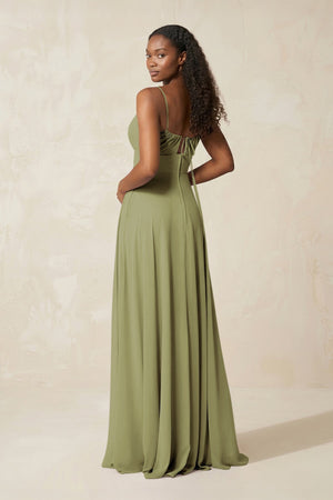 A - Line Ruched Chiffon Spaghetti Strap Bridesmaid Dress in Moss Green - SHE IS ME Bridesmaid Dresses