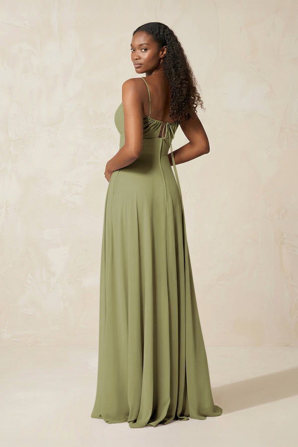 A - Line Ruched Chiffon Spaghetti Strap Bridesmaid Dress in Moss Green - SHE IS ME Bridesmaid Dresses