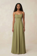 A-Line Ruched Chiffon Spaghetti Strap Bridesmaid Dress in Moss Green | KISSBRIDAL