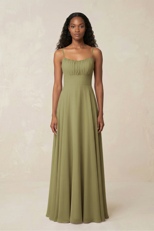A-Line Ruched Chiffon Spaghetti Strap Bridesmaid Dress in Moss Green | KISSBRIDAL