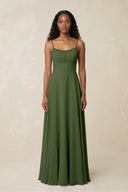 A-Line Ruched Chiffon Spaghetti Strap Bridesmaid Dress in Moss | KISSBRIDAL
