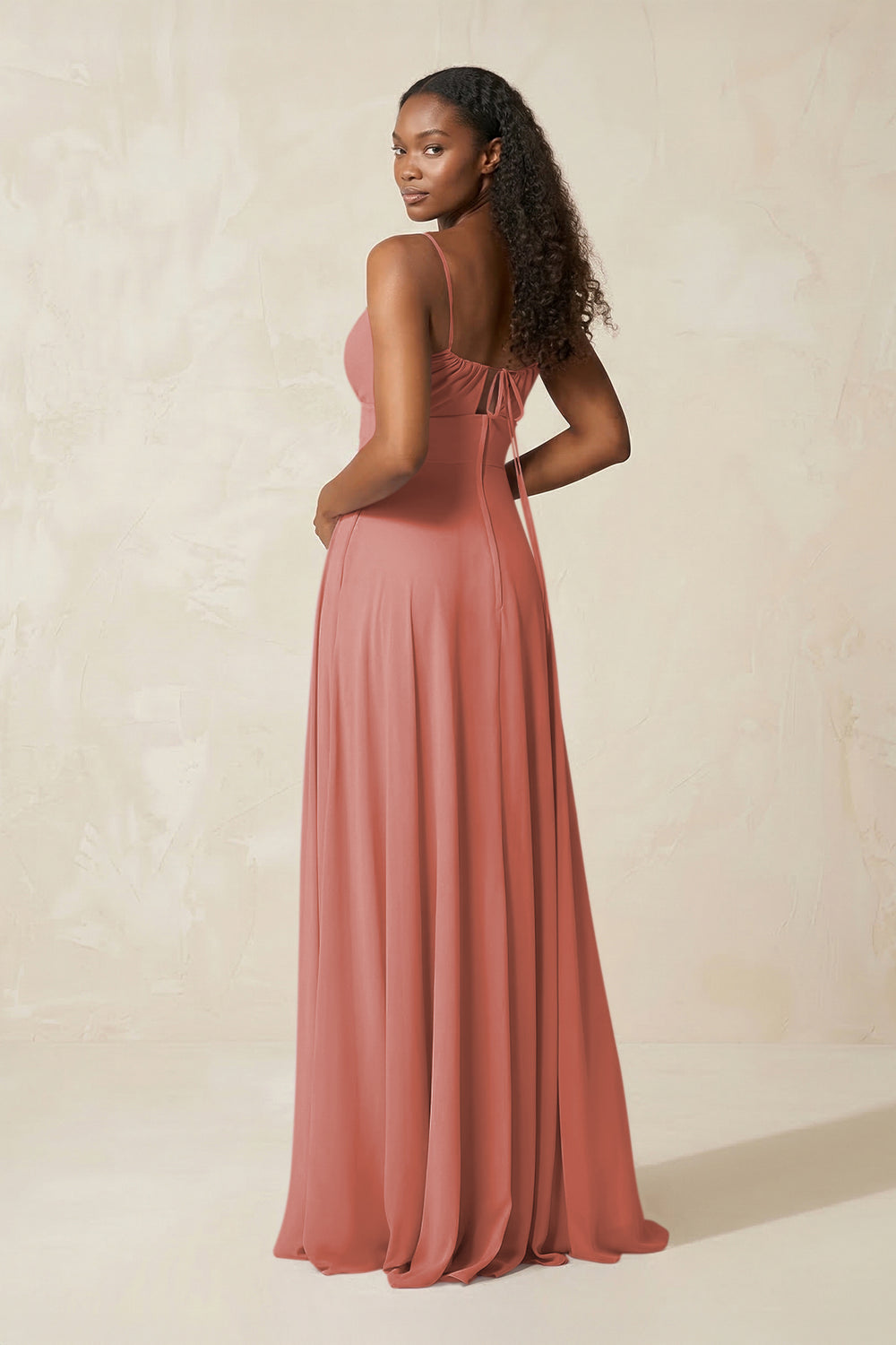 A-Line Ruched Chiffon Spaghetti Strap Bridesmaid Dress in Mulberry