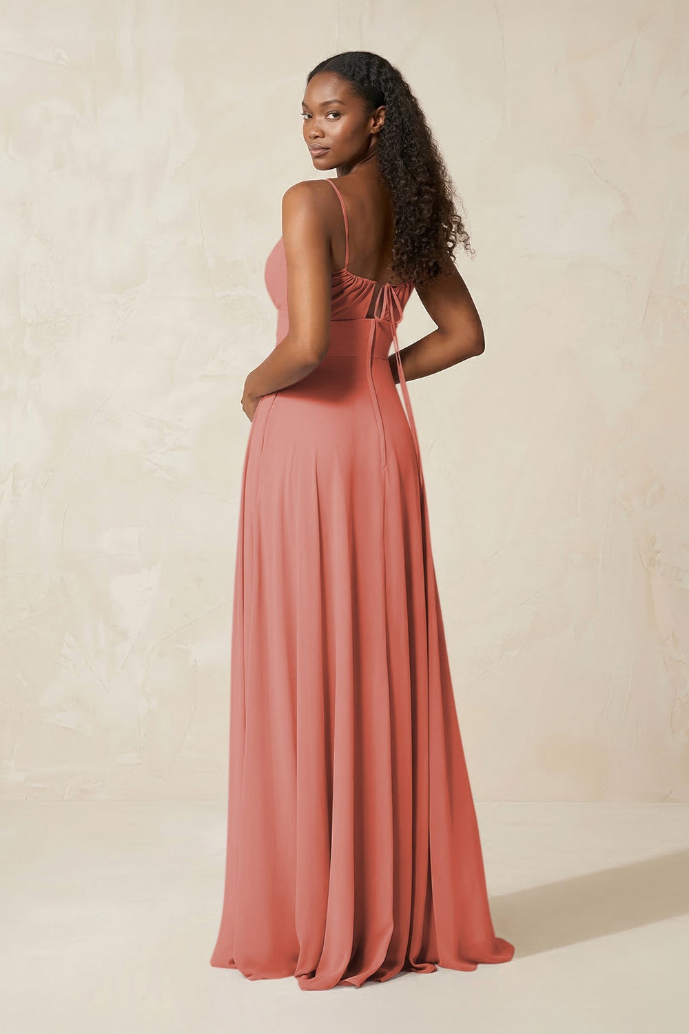 A - Line Ruched Chiffon Spaghetti Strap Bridesmaid Dress in Mulberry - KISS BRIDAL Bridesmaid Dresses