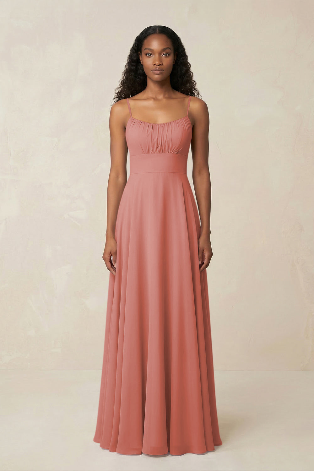 A-Line Ruched Chiffon Spaghetti Strap Bridesmaid Dress in Mulberry