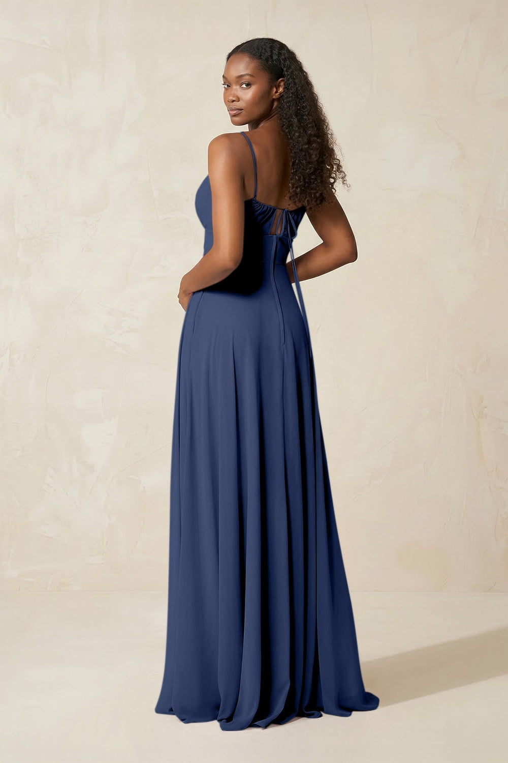 A - Line Ruched Chiffon Spaghetti Strap Bridesmaid Dress in Navy - KISS BRIDAL Bridesmaid Dresses
