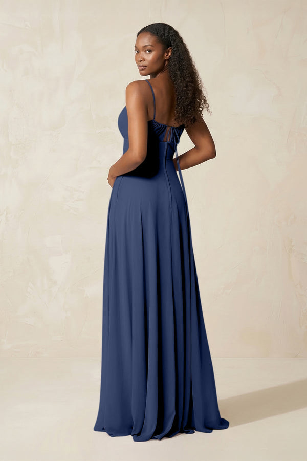 A - Line Ruched Chiffon Spaghetti Strap Bridesmaid Dress in Navy - SHE IS ME Bridesmaid Dresses