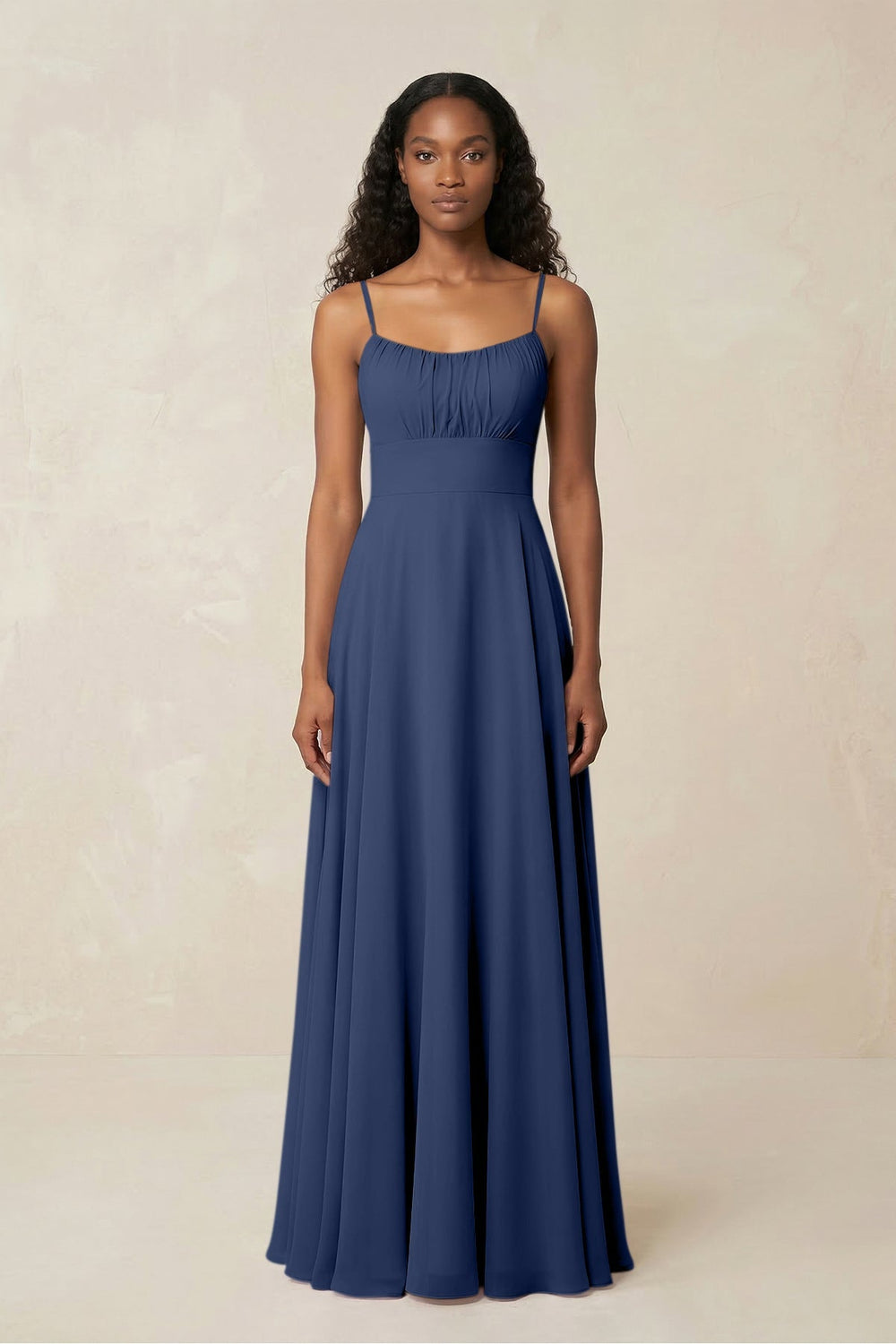 A - Line Ruched Chiffon Spaghetti Strap Bridesmaid Dress in Navy - KISS BRIDAL Bridesmaid Dresses