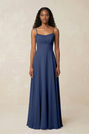 A - Line Ruched Chiffon Spaghetti Strap Bridesmaid Dress in Navy - SHE IS ME Bridesmaid Dresses