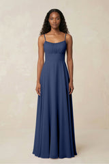 A - Line Ruched Chiffon Spaghetti Strap Bridesmaid Dress in Navy - KISS BRIDAL Bridesmaid Dresses