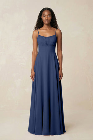 A - Line Ruched Chiffon Spaghetti Strap Bridesmaid Dress in Navy - SHE IS ME Bridesmaid Dresses