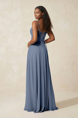 A - Line Ruched Chiffon Spaghetti Strap Bridesmaid Dress in Neptune - SHE IS ME Bridesmaid Dresses