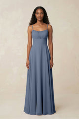 A - Line Ruched Chiffon Spaghetti Strap Bridesmaid Dress in Neptune - KISS BRIDAL Bridesmaid Dresses
