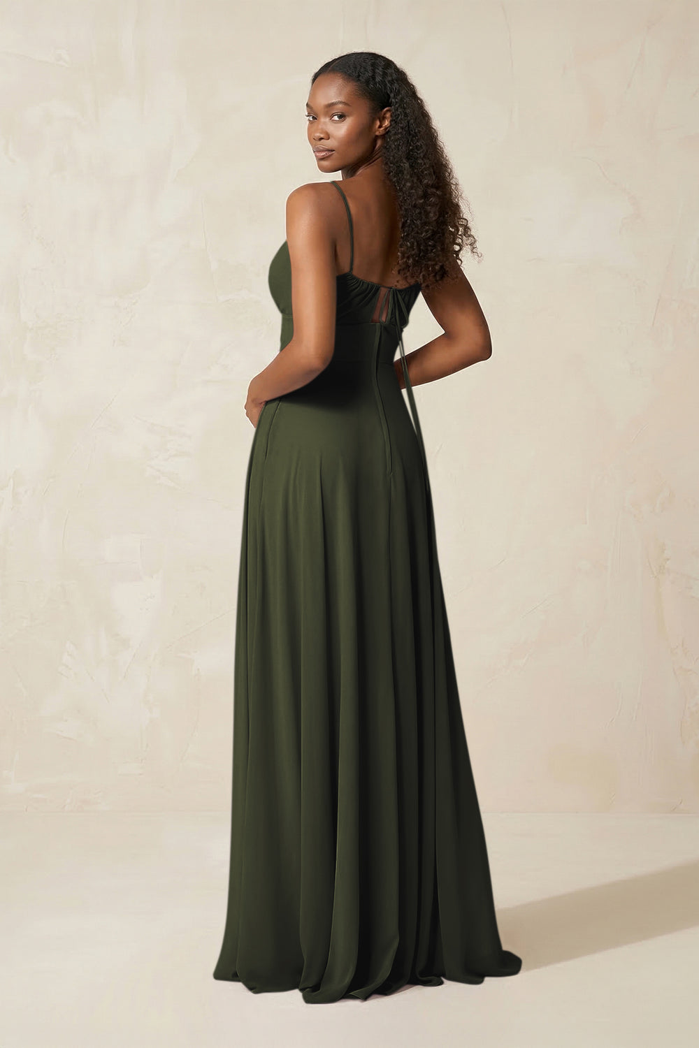 A-Line Ruched Chiffon Spaghetti Strap Bridesmaid Dress in Olive