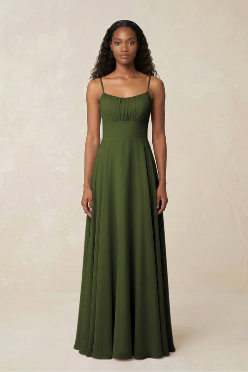 A - Line Ruched Chiffon Spaghetti Strap Bridesmaid Dress in Olive - SHE IS ME Bridesmaid Dresses