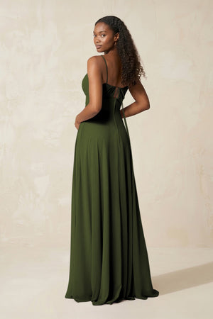 A - Line Ruched Chiffon Spaghetti Strap Bridesmaid Dress in Olive - SHE IS ME Bridesmaid Dresses