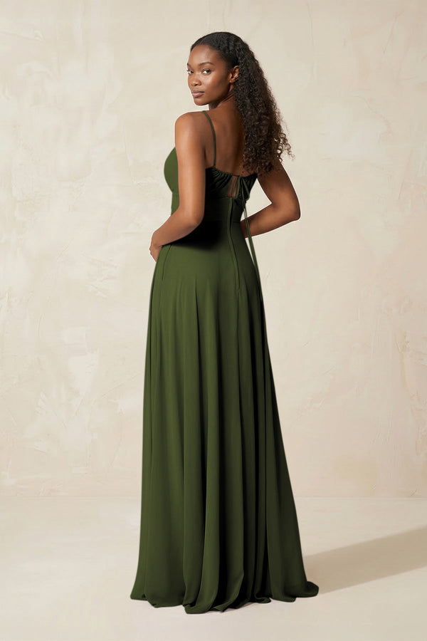 A - Line Ruched Chiffon Spaghetti Strap Bridesmaid Dress in Olive - SHE IS ME Bridesmaid Dresses