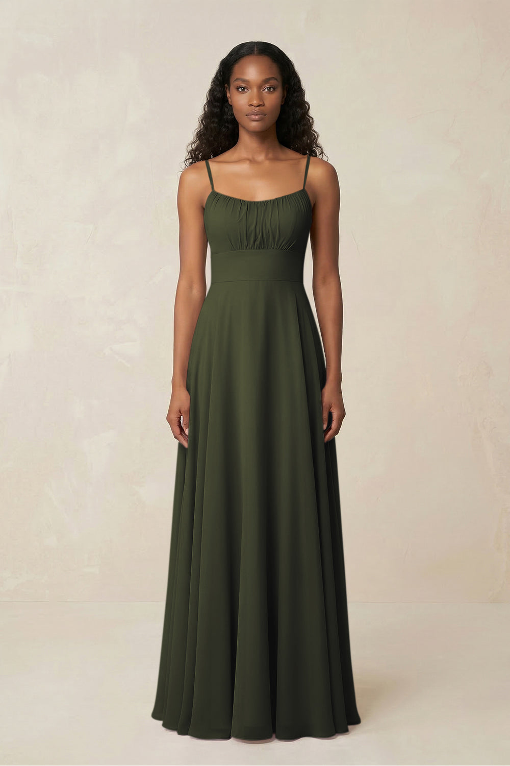 A-Line Ruched Chiffon Spaghetti Strap Bridesmaid Dress in Olive