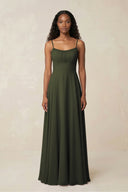 A-Line Ruched Chiffon Spaghetti Strap Bridesmaid Dress in Olive | KISSBRIDAL