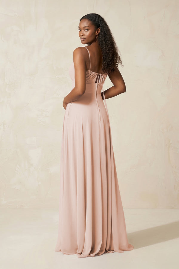 A - Line Ruched Chiffon Spaghetti Strap Bridesmaid Dress in Pale Blush - SHE IS ME Bridesmaid Dresses