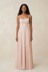 A - Line Ruched Chiffon Spaghetti Strap Bridesmaid Dress in Pale Blush - KISS BRIDAL Bridesmaid Dresses