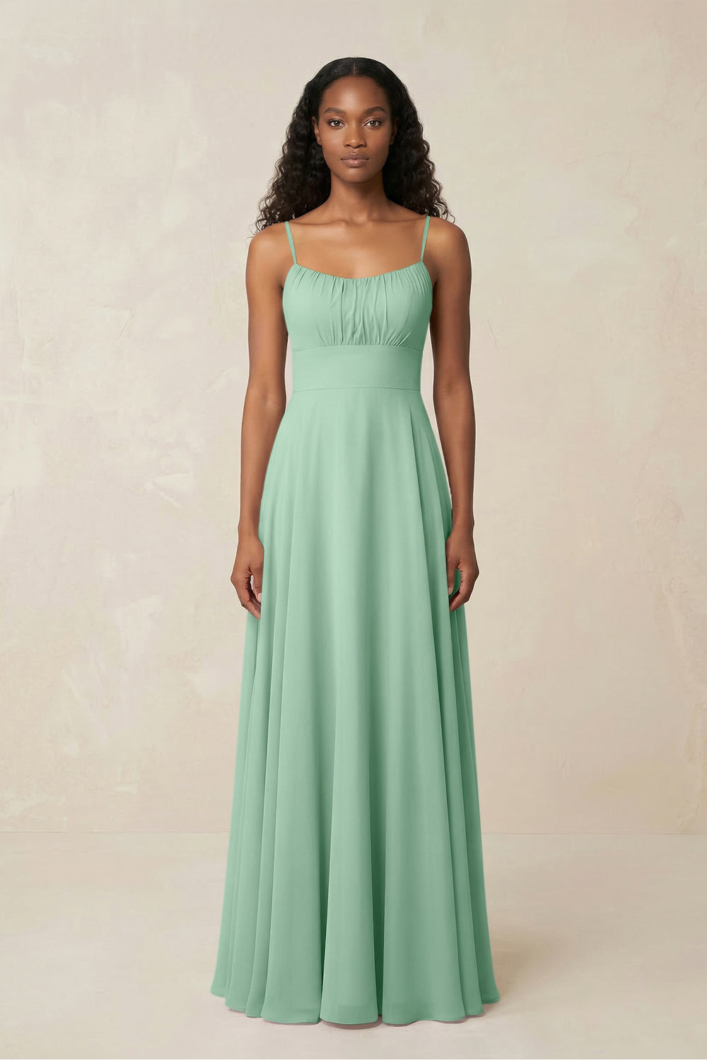 A-Line Ruched Chiffon Spaghetti Strap Bridesmaid Dress in Pale Pistachio