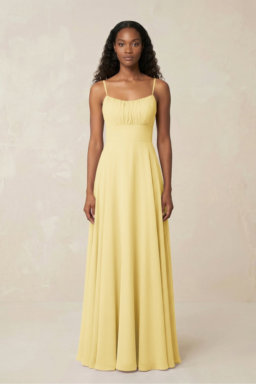 A - Line Ruched Chiffon Spaghetti Strap Bridesmaid Dress in Pastel Yellow - KISS BRIDAL Bridesmaid Dresses