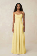 A - Line Ruched Chiffon Spaghetti Strap Bridesmaid Dress in Pastel Yellow - SHE IS ME Bridesmaid Dresses