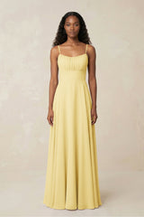 A - Line Ruched Chiffon Spaghetti Strap Bridesmaid Dress in Pastel Yellow - KISS BRIDAL Bridesmaid Dresses