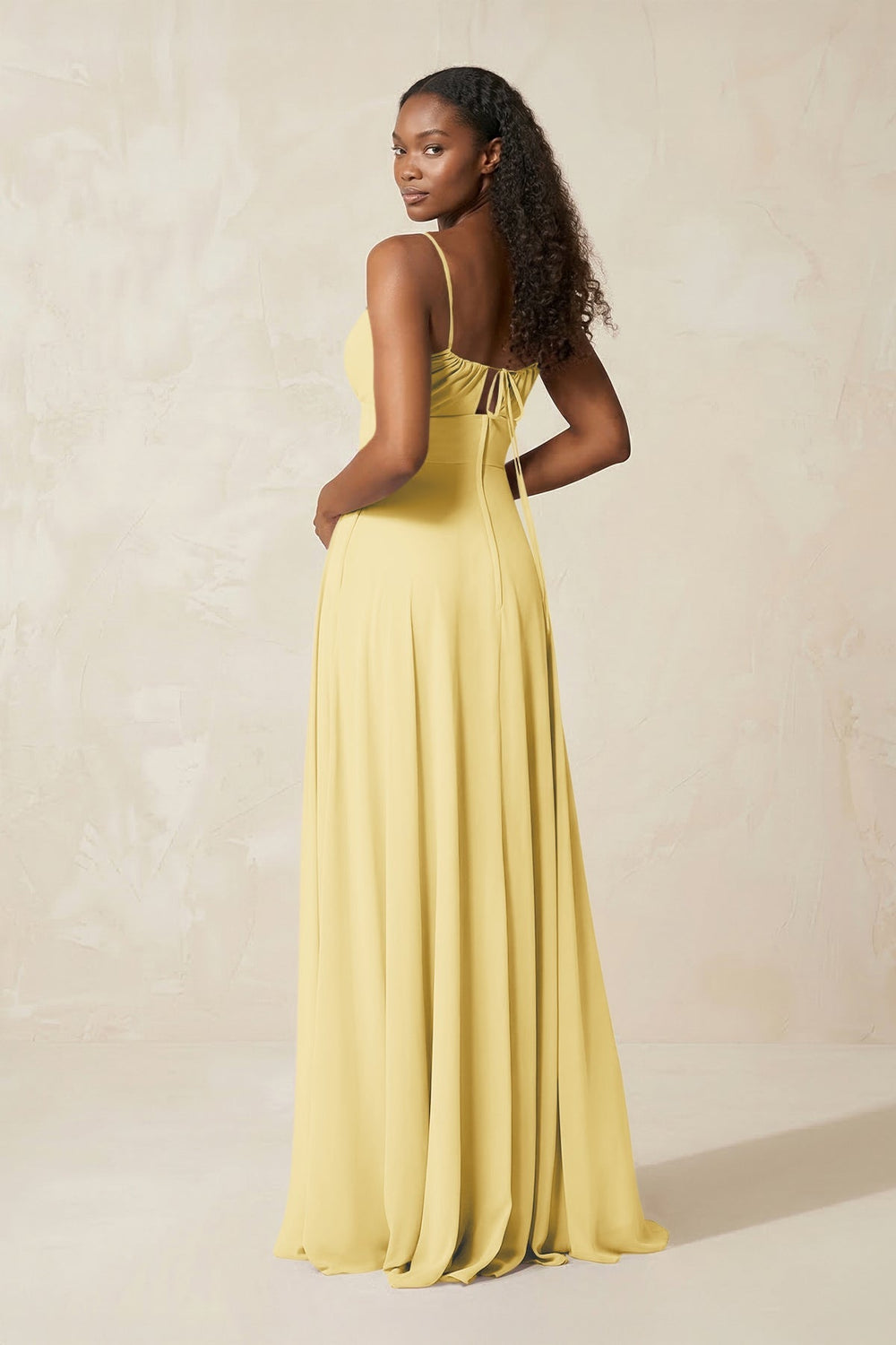 A - Line Ruched Chiffon Spaghetti Strap Bridesmaid Dress in Pastel Yellow - KISS BRIDAL Bridesmaid Dresses