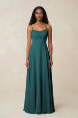 A - Line Ruched Chiffon Spaghetti Strap Bridesmaid Dress in Pine - KISS BRIDAL Bridesmaid Dresses