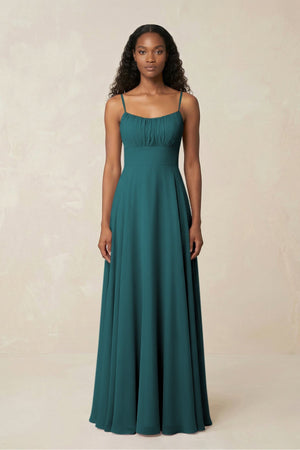 A - Line Ruched Chiffon Spaghetti Strap Bridesmaid Dress in Pine - SHE IS ME Bridesmaid Dresses