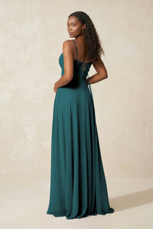 A - Line Ruched Chiffon Spaghetti Strap Bridesmaid Dress in Pine - SHE IS ME Bridesmaid Dresses