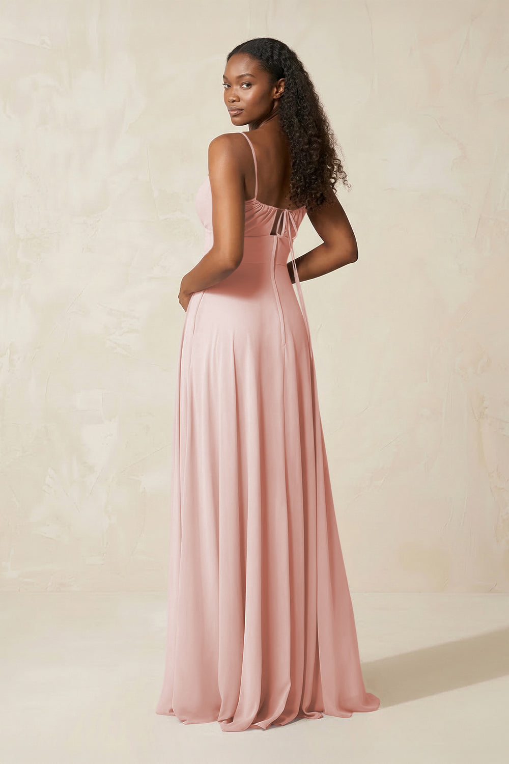 A-Line Ruched Chiffon Spaghetti Strap Bridesmaid Dress in Rose Petal