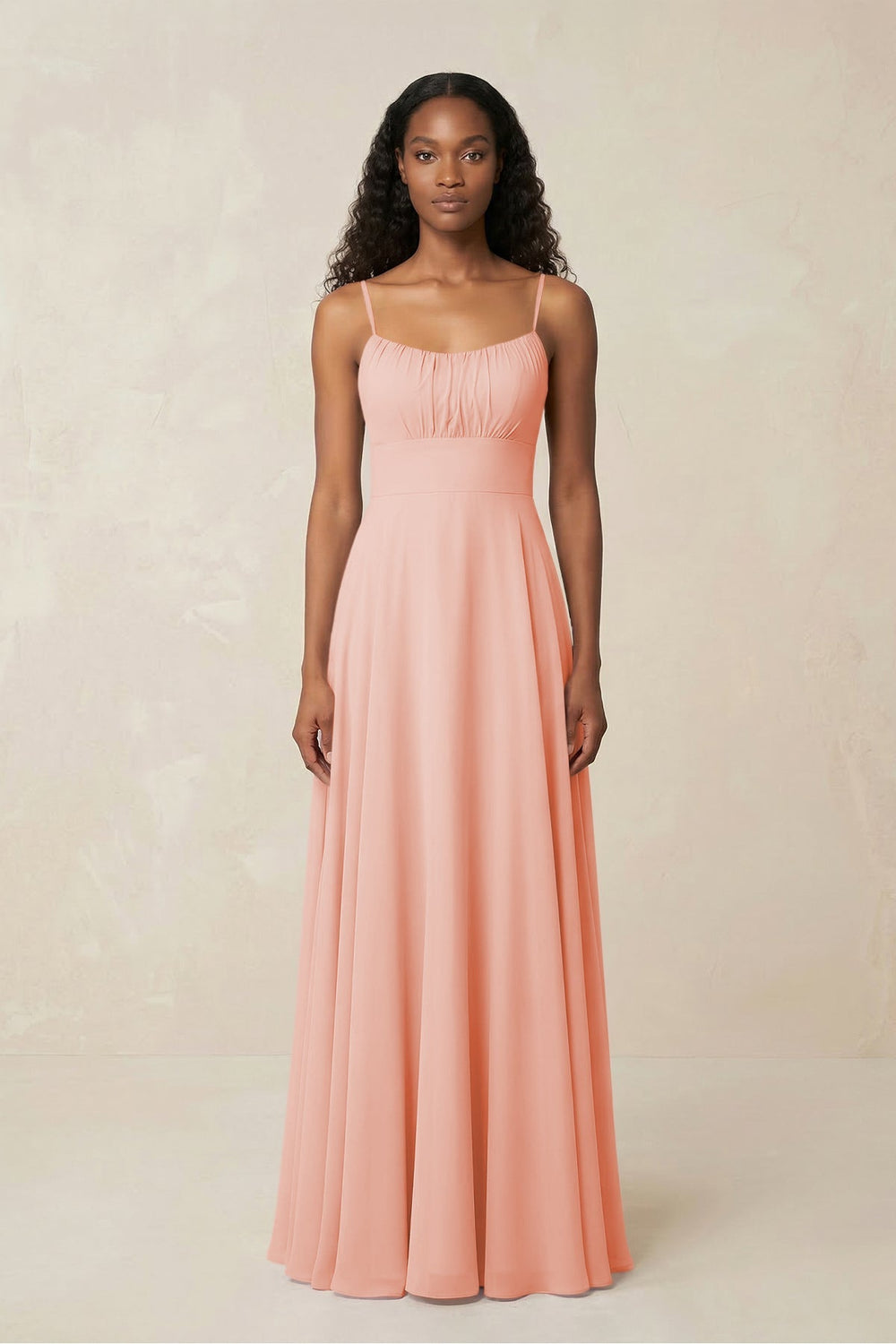 A - Line Ruched Chiffon Spaghetti Strap Bridesmaid Dress in Rose Petal - KISS BRIDAL Bridesmaid Dresses